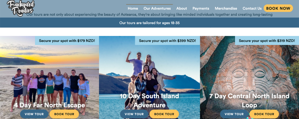 Screenshot of Roadies website with happy customers aged between 18 to 15.